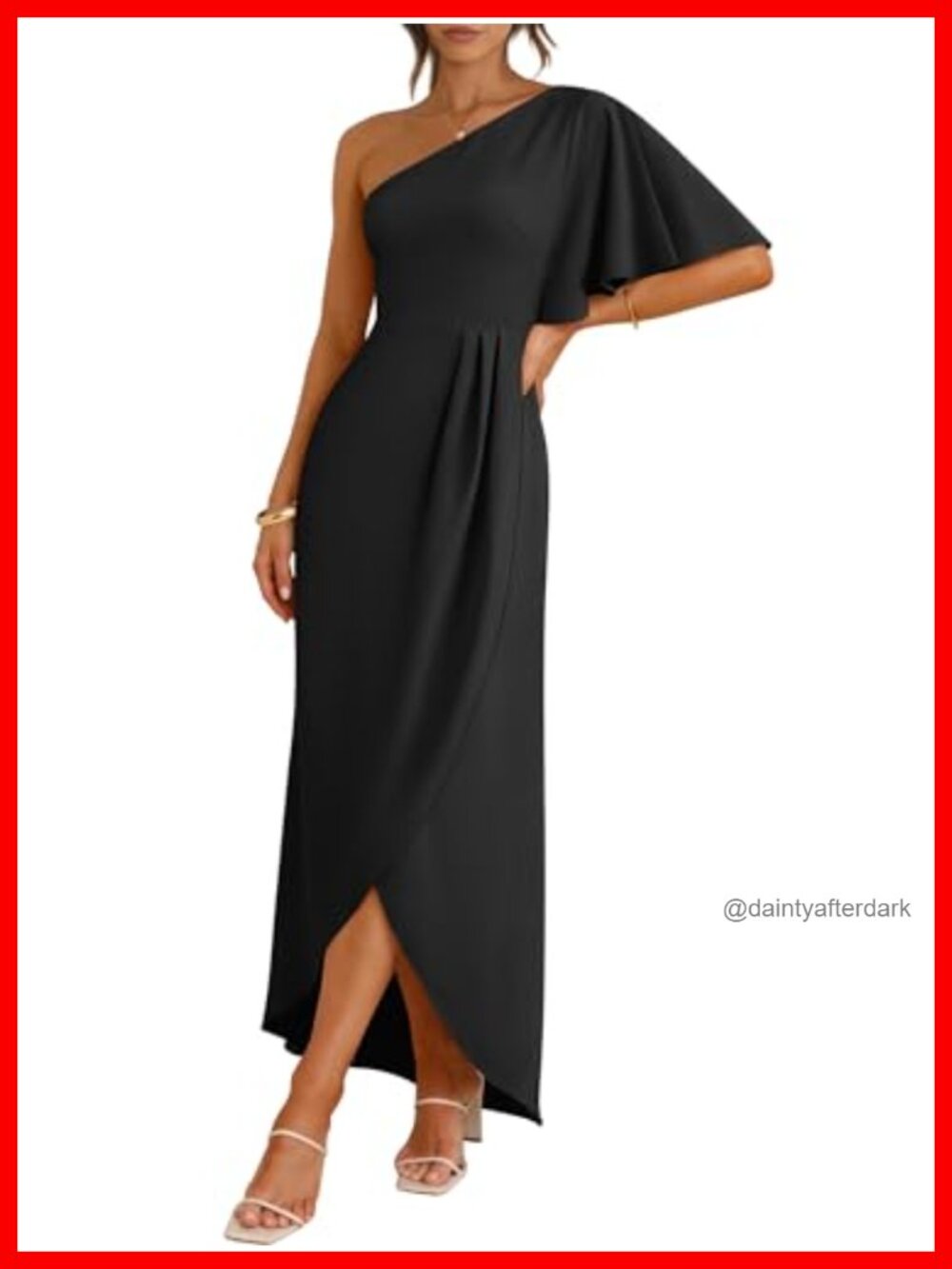 One Shoulder Formal Midi Dress Ruffle Cape Sleeve Slit
